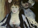 Courtauld 04 Pierre Auguste Renoir - La Loge 4. Pierre Auguste Renoir - La Loge. 1874, 80 x 64 cm. Renoir makes a play on the contrast between the poses of the two figures: the woman looks out with a half smile on her face and her opera glasses beside her, in her hand, as if to receive the gaze of other members of the audience. Her male companion looks through his opera glasses out from the box and upwards, and thus implicitly at another box, not down at the stage.
